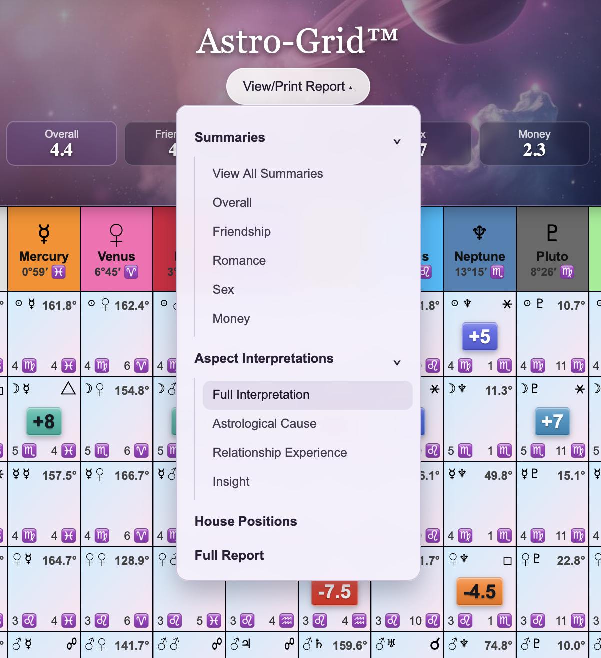 Astro-Grid View/Print Report menu showing summaries, aspect interpretations, house positions, and full report options